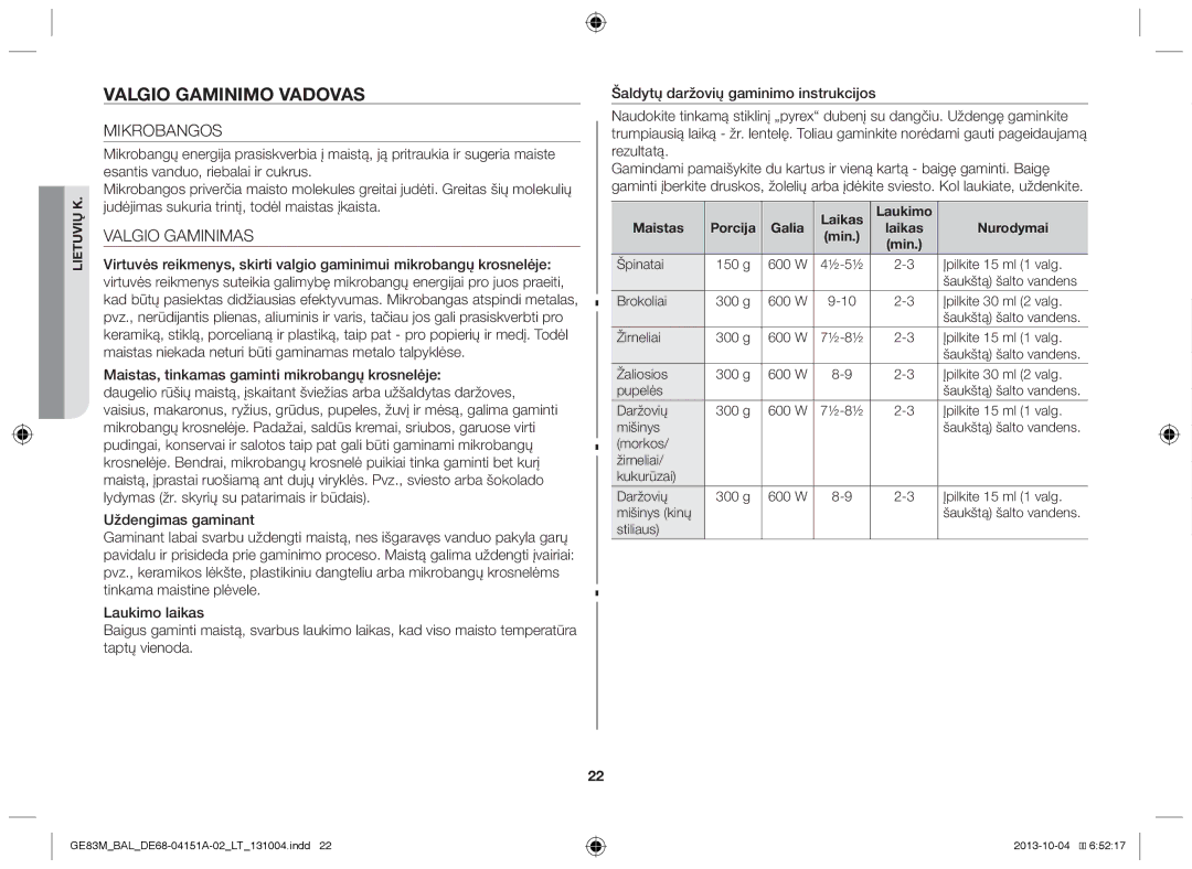Samsung GE83M/BAL Valgio gaminimo vadovas, Mikrobangos, Valgio Gaminimas, Maistas Porcija Galia Laikas Laukimo Nurodymai 