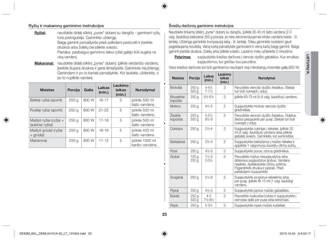 Samsung GE83M/BAL manual Šviežių daržovių gaminimo instrukcijos 