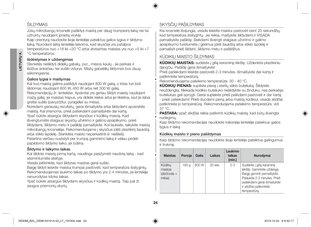 Samsung GE83M/BAL manual Skysčių Pašildymas, Kūdikių Maisto Šildymas 