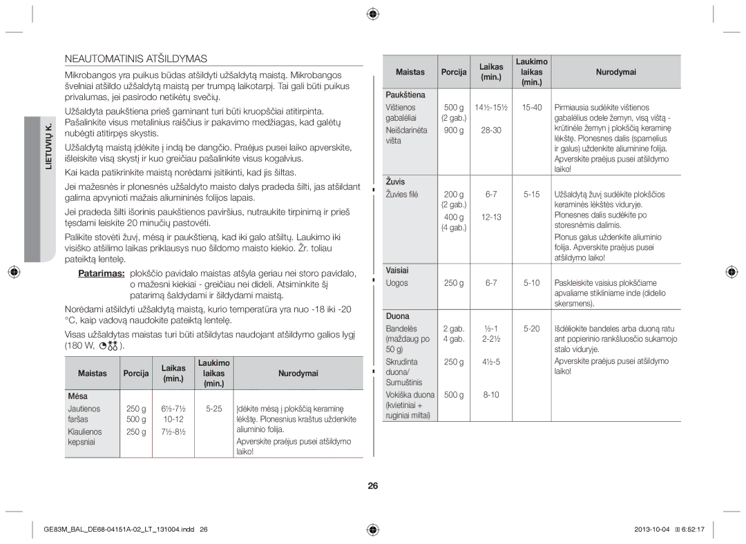 Samsung GE83M/BAL manual Neautomatinis Atšildymas, Laikas Laukimo Maistas 