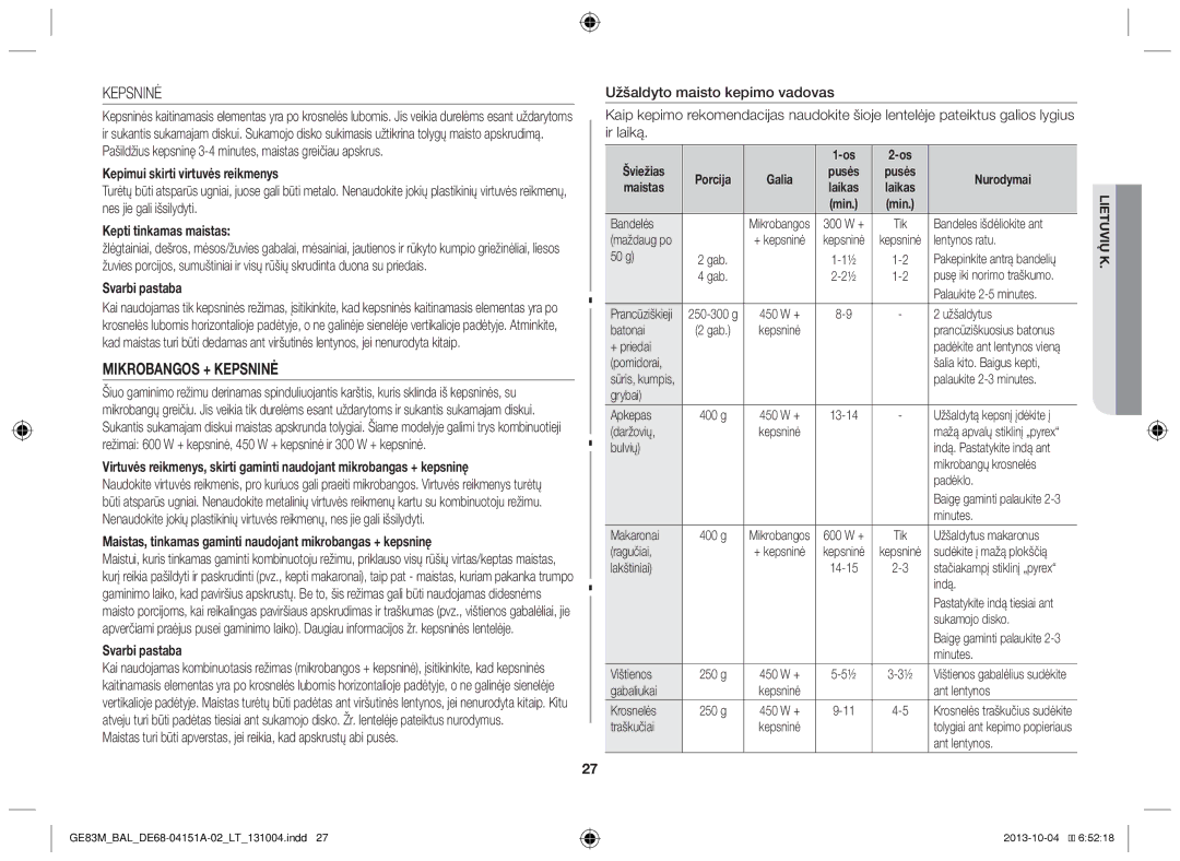 Samsung GE83M/BAL manual Kepsninė, Kepimui skirti virtuvės reikmenys, Kepti tinkamas maistas, Svarbi pastaba 