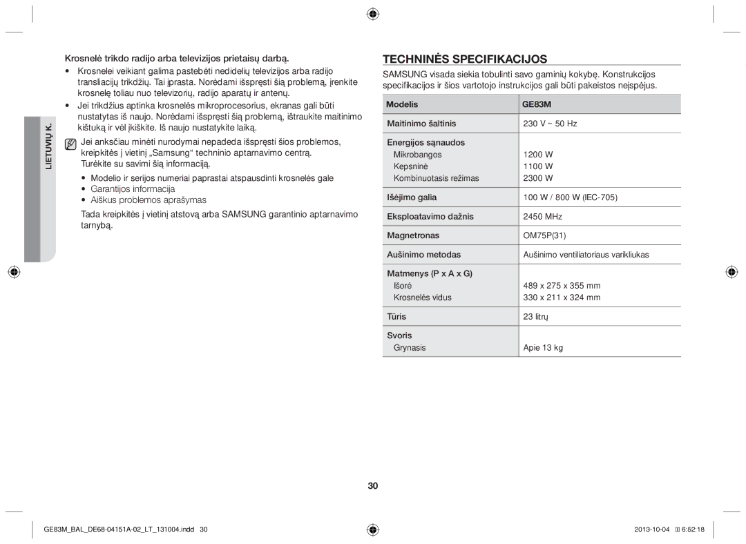 Samsung GE83M/BAL manual Techninės specifikacijos, Modelis 