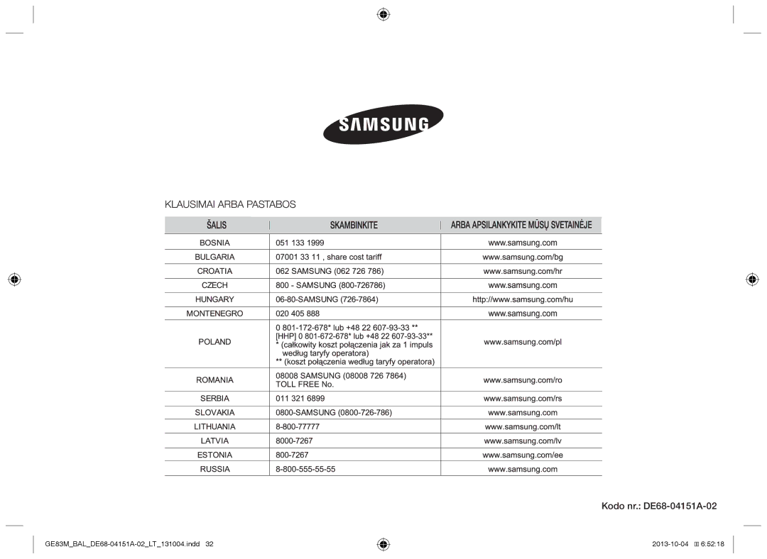 Samsung GE83M/BAL manual Kodo nr. DE68-04151A-02 