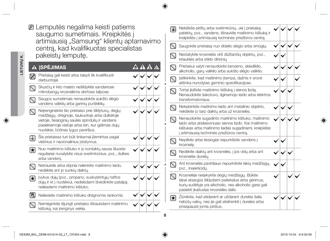 Samsung GE83M/BAL manual Įspėjimas 