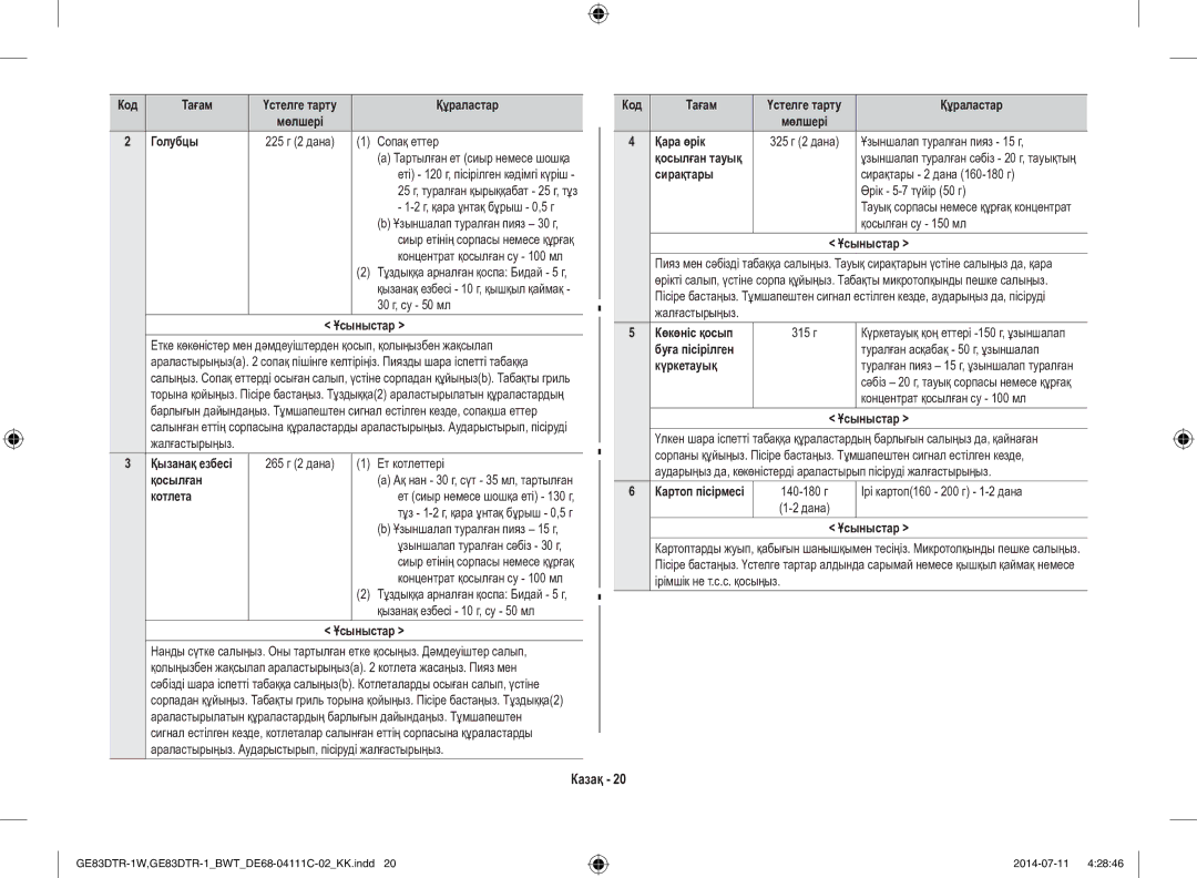 Samsung GE83MR/BWT manual Голубцы, Қара өрік, Сирақтары, Күркетауық 