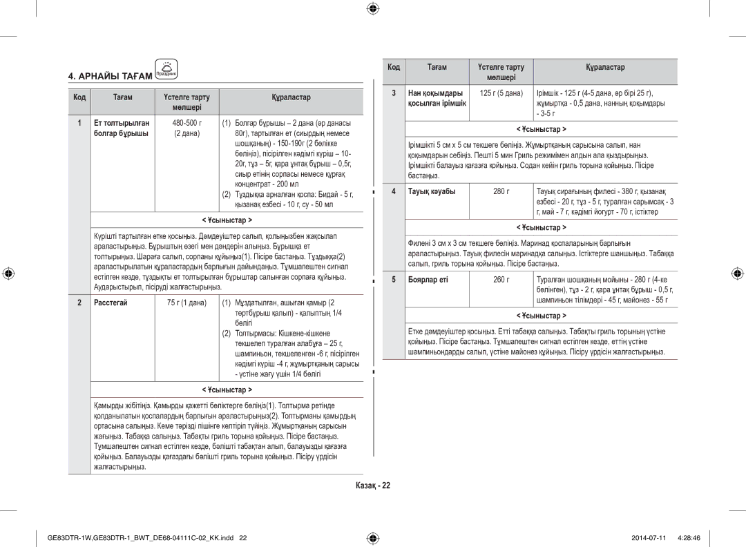 Samsung GE83MR/BWT manual Расстегай, Тауық кәуабы, Боярлар еті 