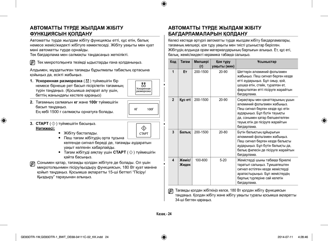 Samsung GE83MR/BWT Автоматты Түрде Жылдам Жібіту Функциясын Қолдану, Автоматты Түрде Жылдам Жібіту Бағдарламаларын Қолдану 