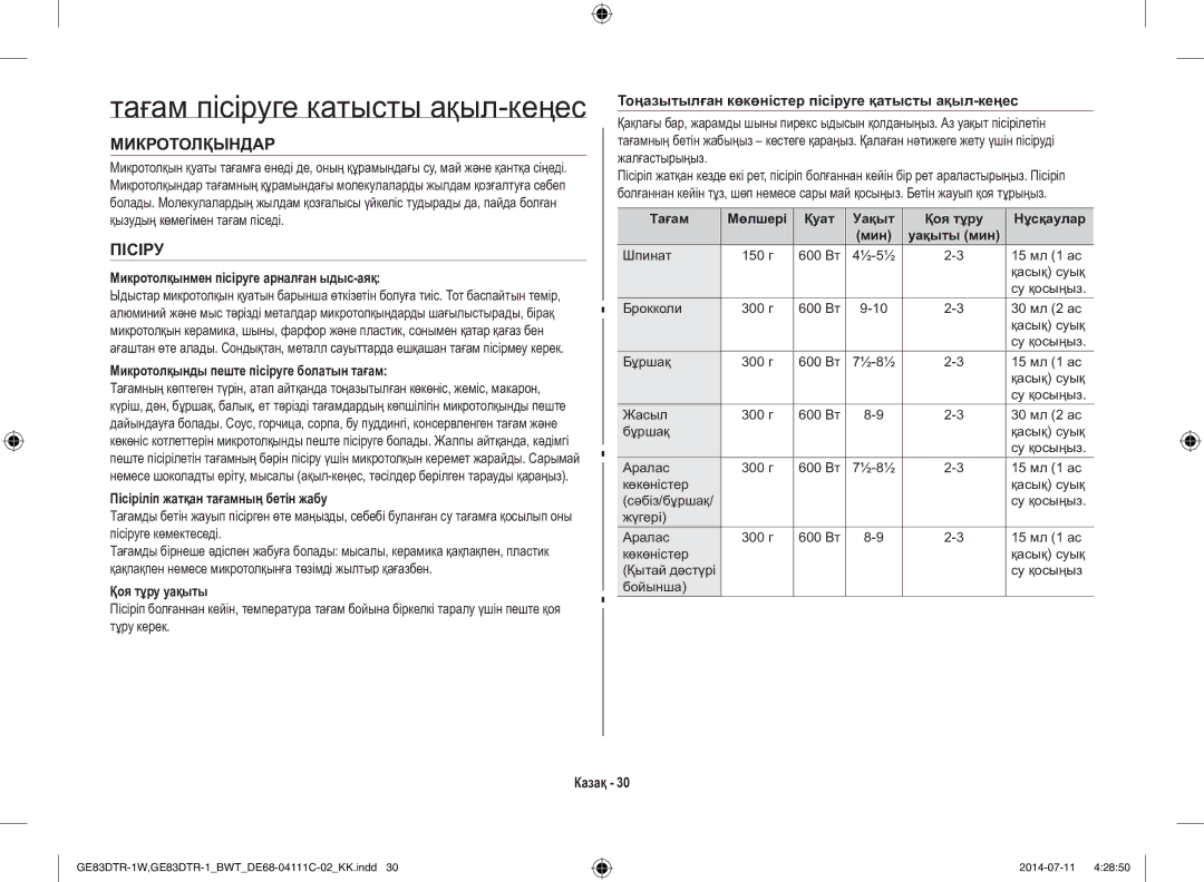 Samsung GE83MR/BWT manual Тағам пісіруге катысты ақыл-кеңес 