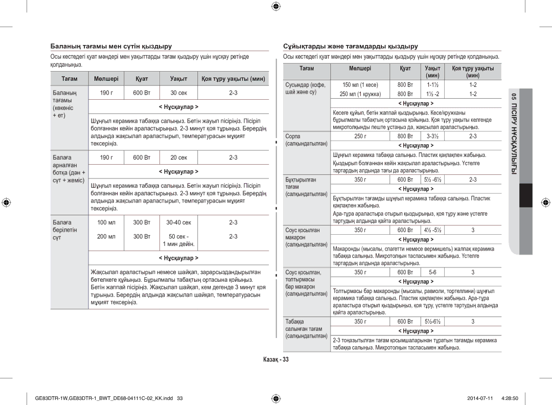 Samsung GE83MR/BWT manual Баланың тағамы мен сүтін қыздыру, Сұйықтарды және тағамдарды қыздыру, Тағам Мөлшері Қуат Уақыт 