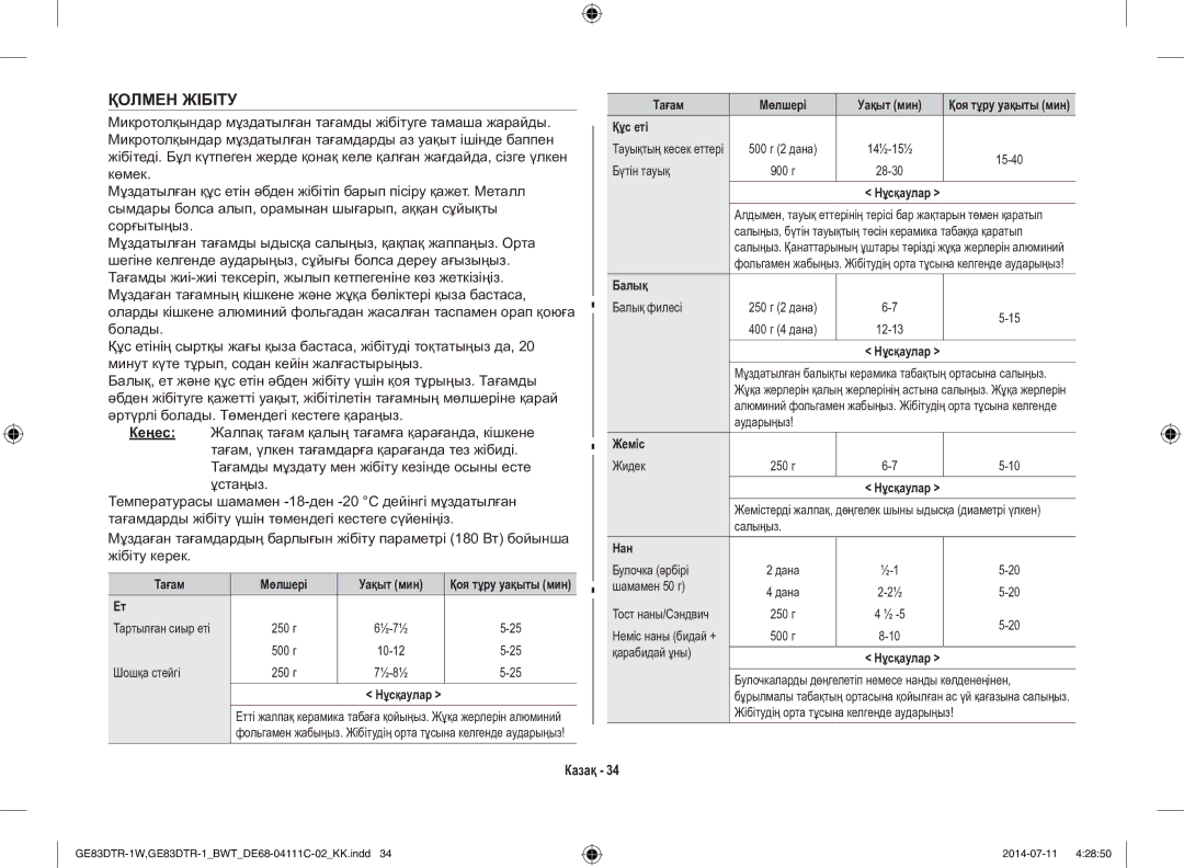 Samsung GE83MR/BWT manual Тағам Мөлшері Уақыт мин, Құс еті, Жеміс, Нан 