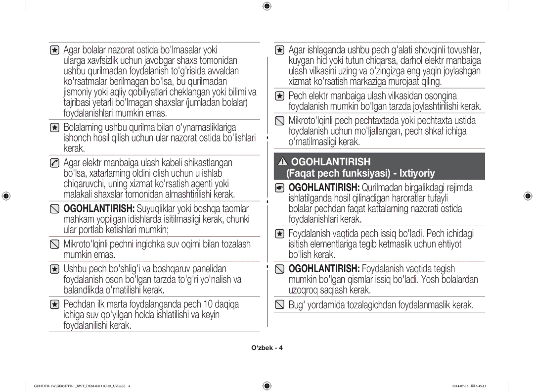 Samsung GE83MR/BWT manual Faqat pech funksiyasi Ixtiyoriy 