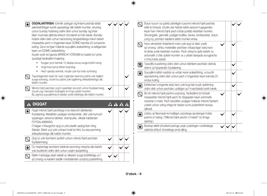 Samsung GE83MR/BWT manual Diqqat, Foydalanmang 