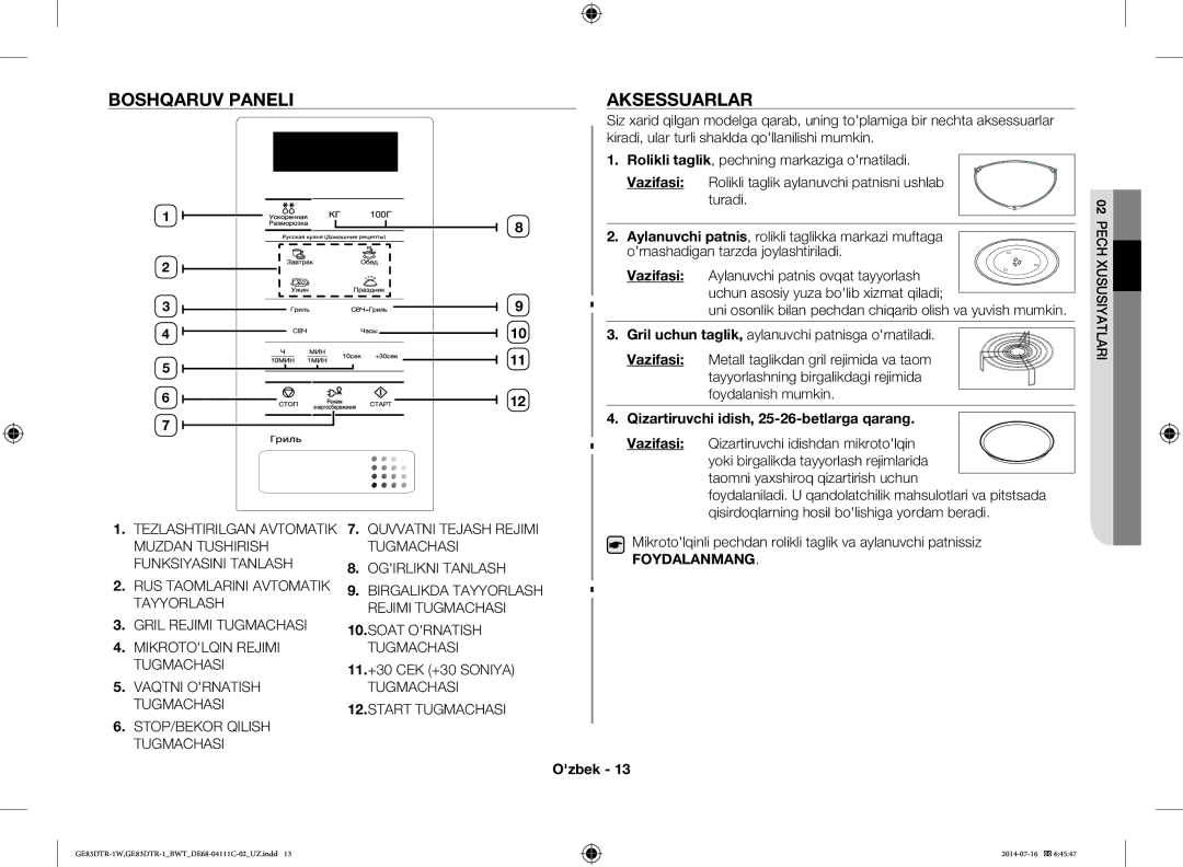 Samsung GE83MR/BWT manual Boshqaruv Paneli Aksessuarlar, Soat Ornatish Tugmachasi, Start Tugmachasi 