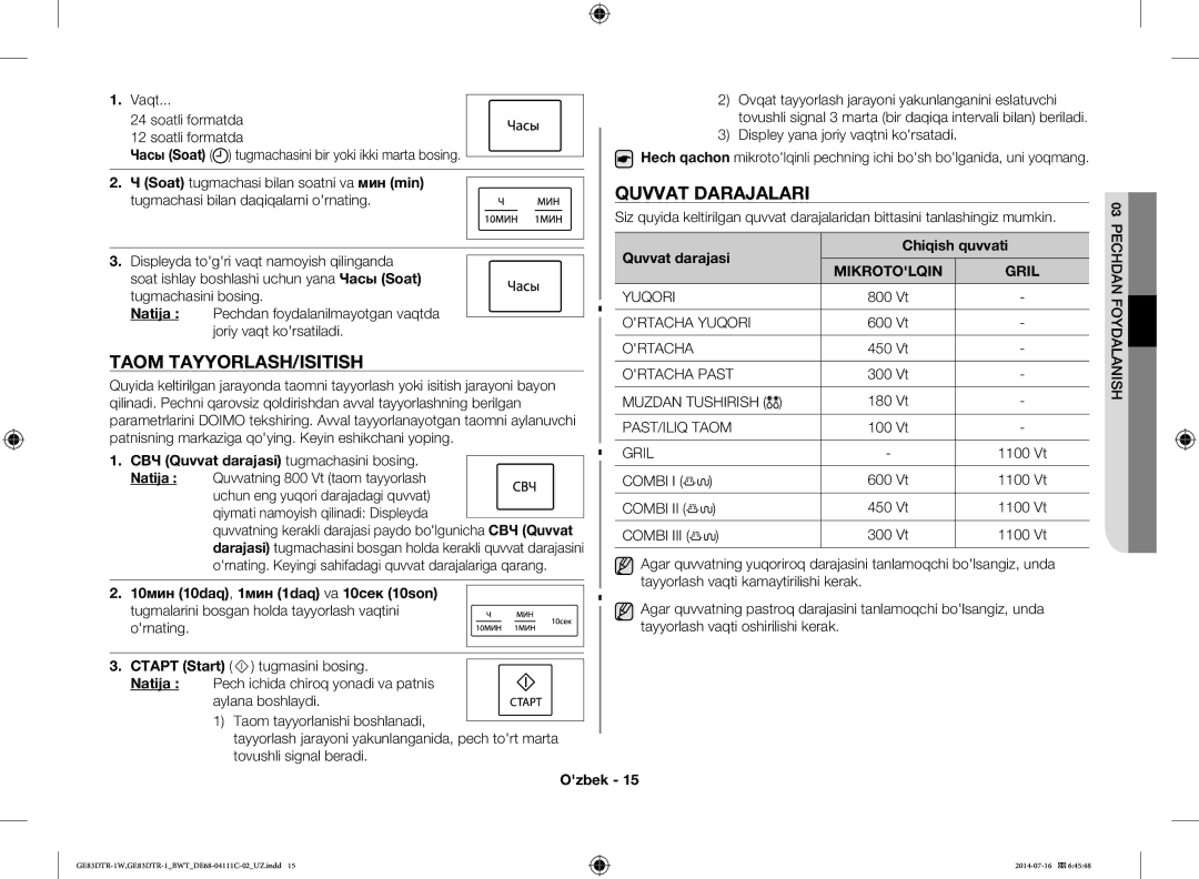 Samsung GE83MR/BWT manual Taom TAYYORLASH/ISITISH, Quvvat Darajalari, СВЧ Quvvat darajasi tugmachasini bosing 