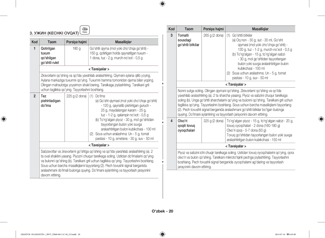 Samsung GE83MR/BWT manual Ужин Kechki Ovqat 