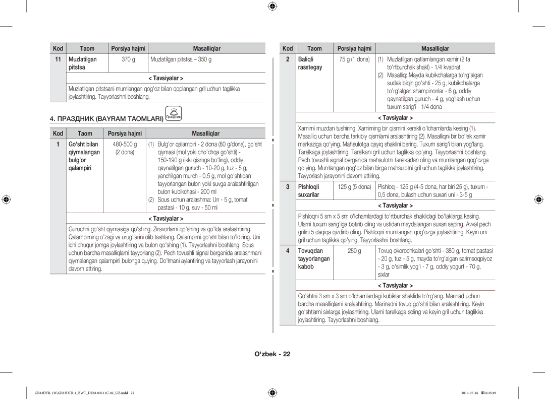 Samsung GE83MR/BWT manual Muzlatilgan pitstsa 350 g, Pitstsa Tavsiyalar, Праздник Bayram Taomlari 