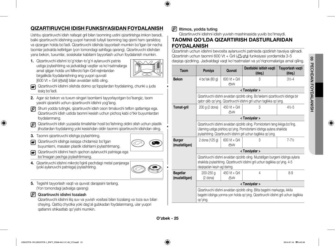 Samsung GE83MR/BWT manual Qizartiruvchi Idish Funksiyasidan Foydalanish, Taomni Qolda Qizartirish Dasturlaridan Foydalanish 