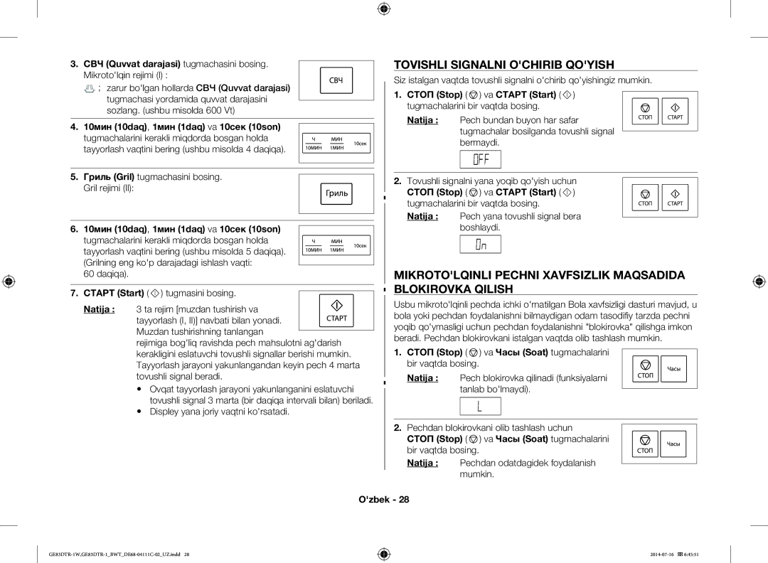 Samsung GE83MR/BWT manual Tovishli Signalni Ochirib Qoyish, Mikrotolqinli Pechni Xavfsizlik Maqsadida, Blokirovka Qilish 