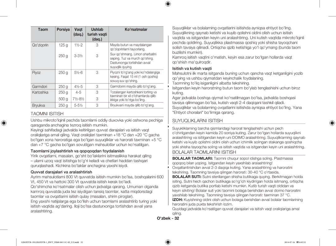 Samsung GE83MR/BWT manual Taomni Isitish, Suyuqliklarni Isitish, Bolalar Taomlarini Isitish 