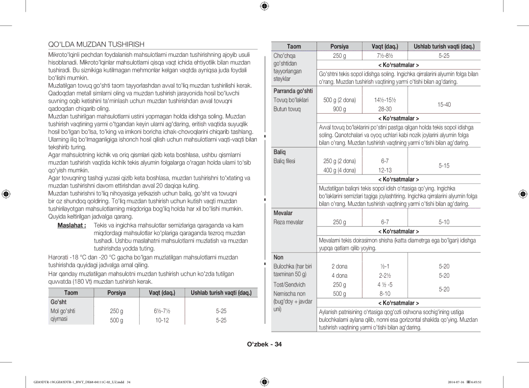 Samsung GE83MR/BWT manual Qolda Muzdan Tushirish, Taom Porsiya Vaqt daq 