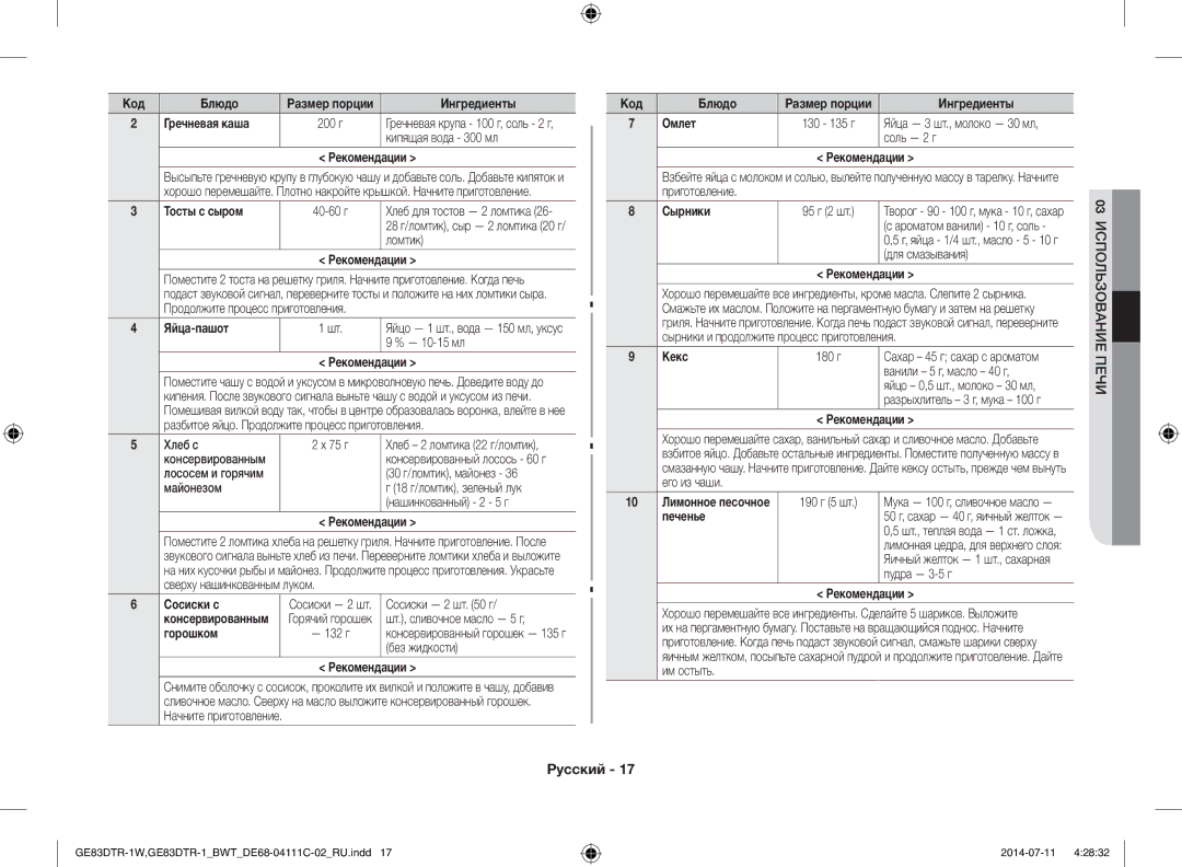 Samsung GE83MR/BWT manual Гречневая каша, Тосты с сыром, Яйца-пашот, Сосиски с, Горошком, Омлет, Сырники, Кекс, Печенье 