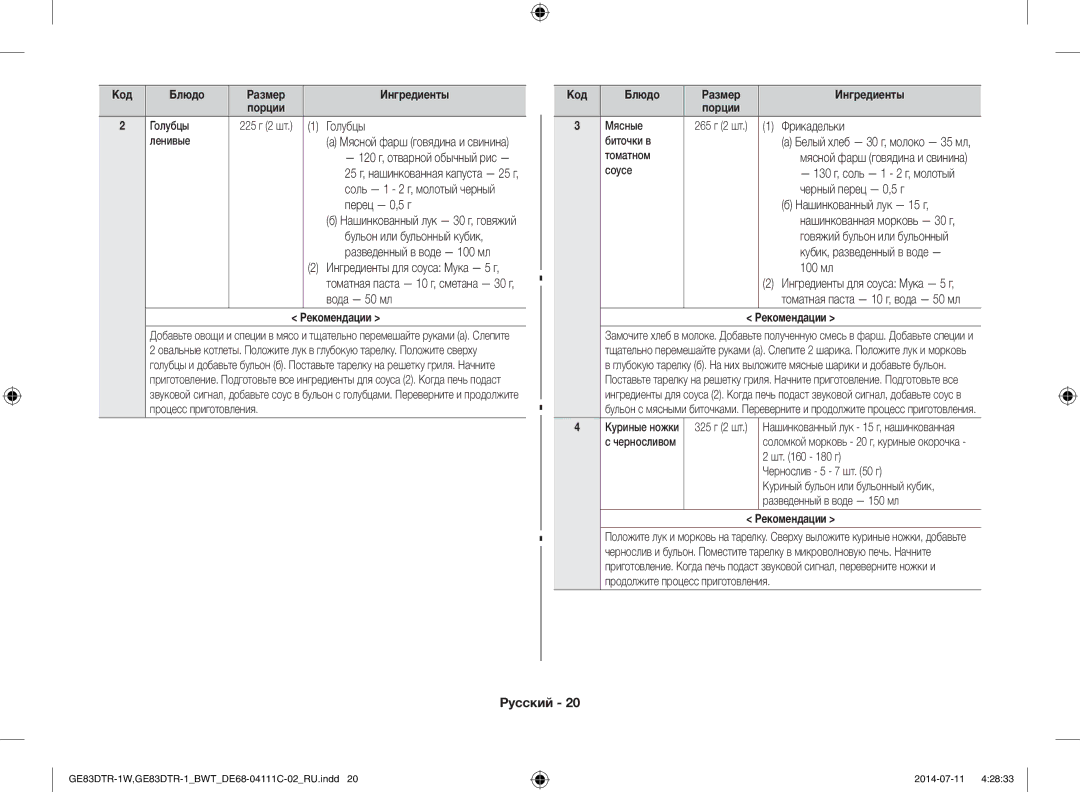 Samsung GE83MR/BWT manual Голубцы, Перец 0,5 г, Фрикадельки, Черный перец 0,5 г, Нашинкованный лук 15 г, 100 мл 