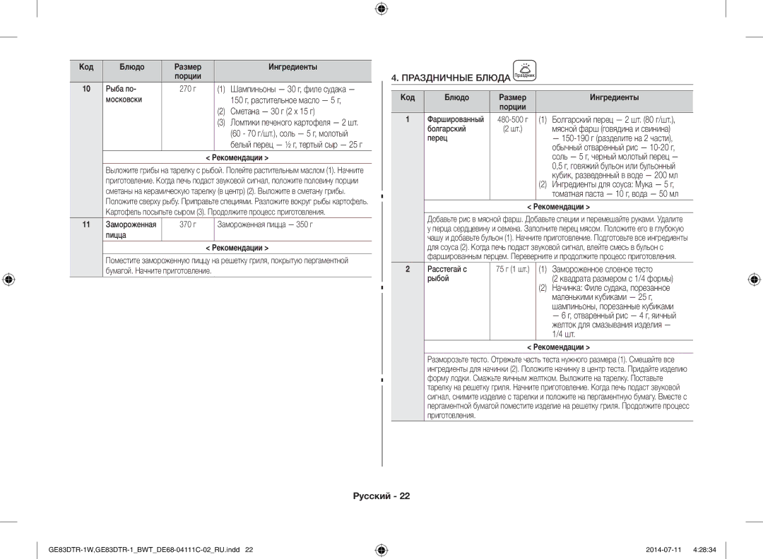 Samsung GE83MR/BWT manual Сметана 30 г 2 x 15 г, Праздничные Блюда, Замороженное слоеное тесто, Маленькими кубиками 25 г 