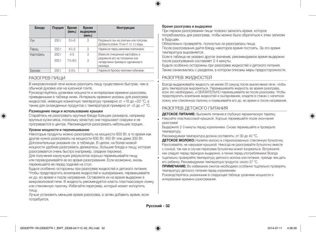 Samsung GE83MR/BWT Разогрев Пищи, Разогрев Жидкостей, Разогрев Детского Питания, Размещение пищи и использование крышки 