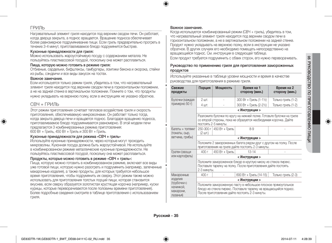 Samsung GE83MR/BWT manual СВЧ + Гриль, Кухонные принадлежности для гриля, Свежие Порция Мощность Время на Продукты 