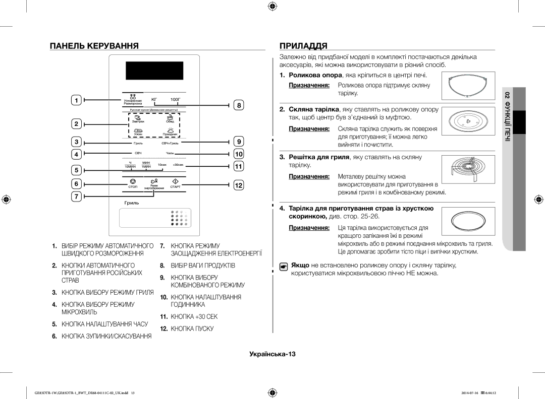 Samsung GE83MR/BWT manual Панель Керування Приладдя, Вибір Ваги Продуктів, 12. Кнопка Пуску, Українська-13 