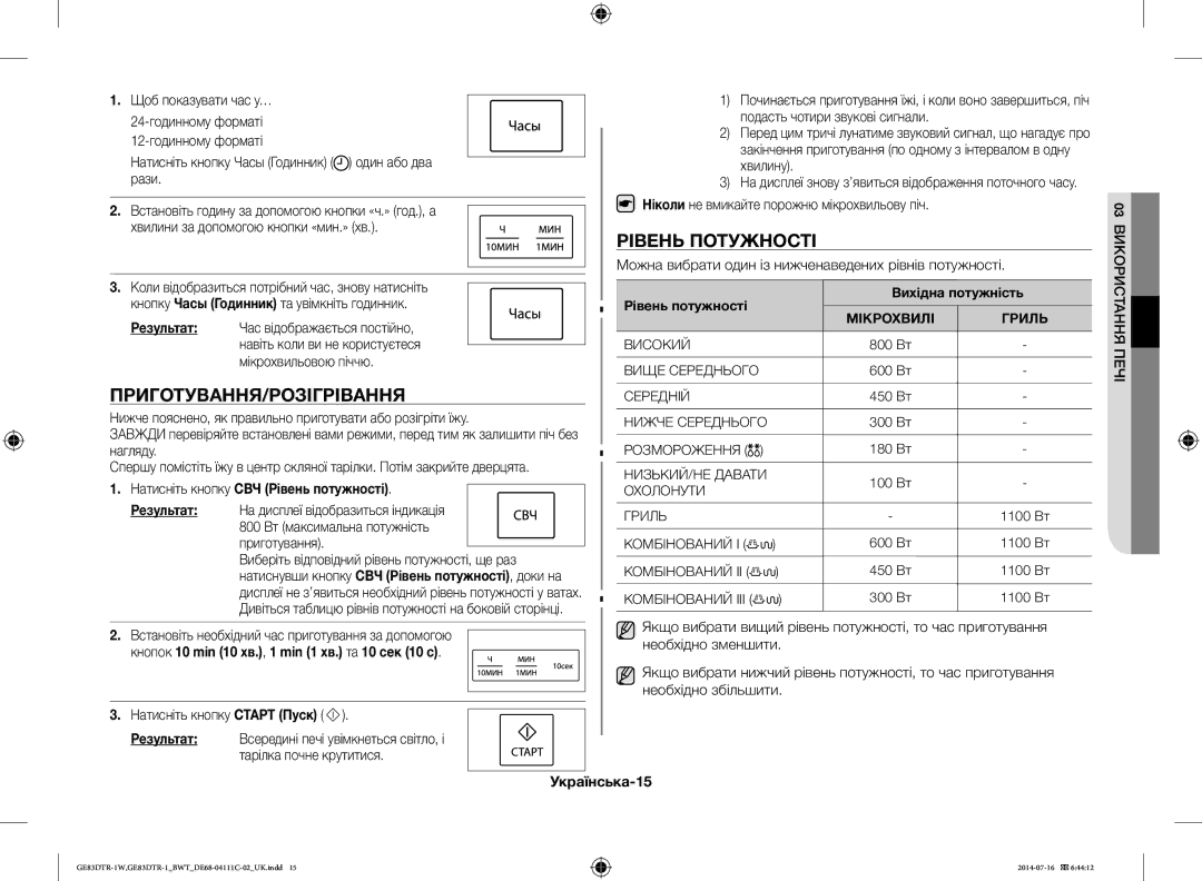 Samsung GE83MR/BWT Рівень Потужності, Приготування/Розігрівання, Натисніть кнопку СВЧ Рівень потужності, Українська-15 