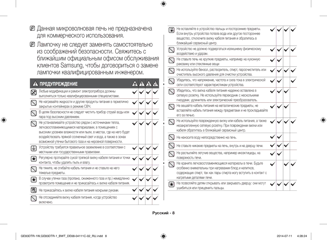 Samsung GE83MR/BWT manual Предупреждение 