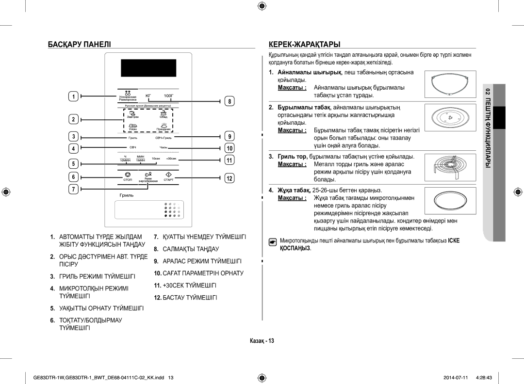 Samsung GE83MR/BWT manual Басқару Панелі, Мақсаты, Гриль Режимі Түймешігі, Уақытты Орнату Түймешігі 