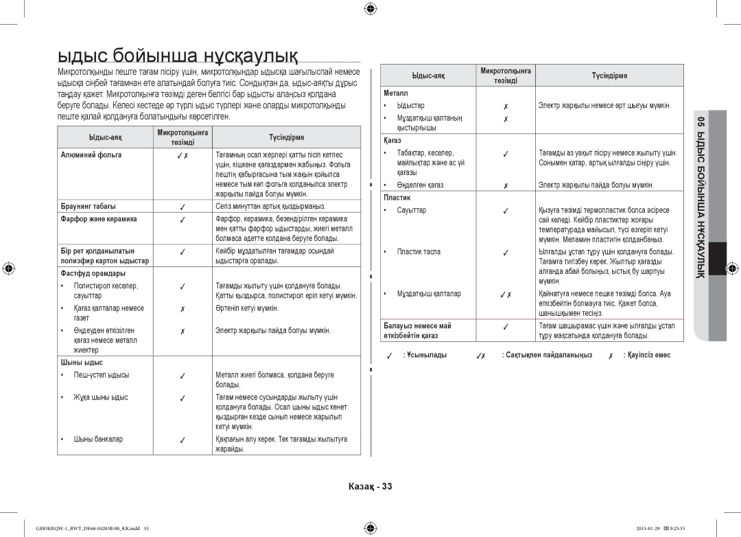 Samsung GE83MRQ/BW, GE83DTRQW-1/BW, GE83MRTQS/BW manual Ыдыс бойынша нұсқаулық 