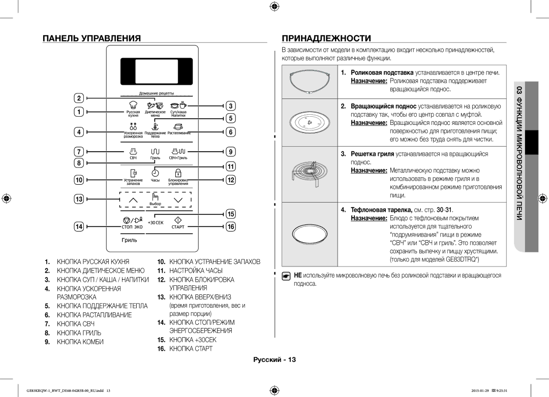 Samsung GE83DTRQW-1/BW, GE83MRQ/BW, GE83MRTQS/BW manual Панель Управления, Принадлежности 