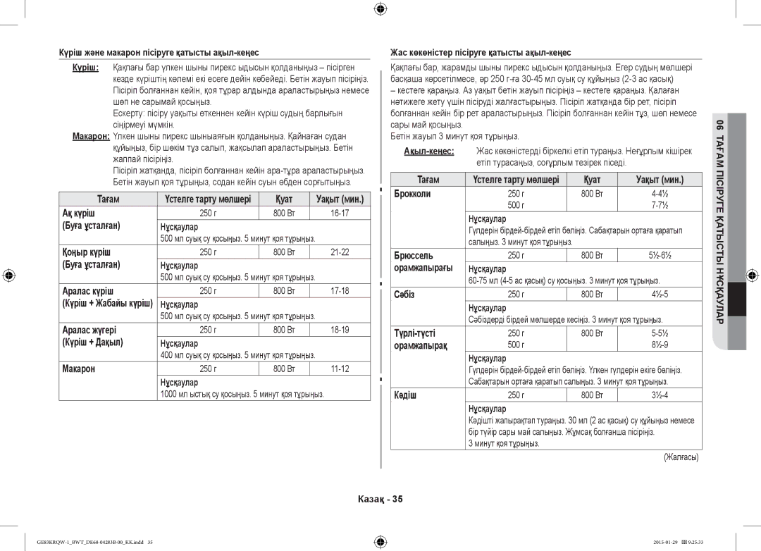 Samsung GE83MRTQS/BW Күріш және макарон пісіруге қатысты ақыл-кеңес, Ақ күріш, Буға ұсталған Нұсқаулар, Қоңыр күріш, Кәдіш 
