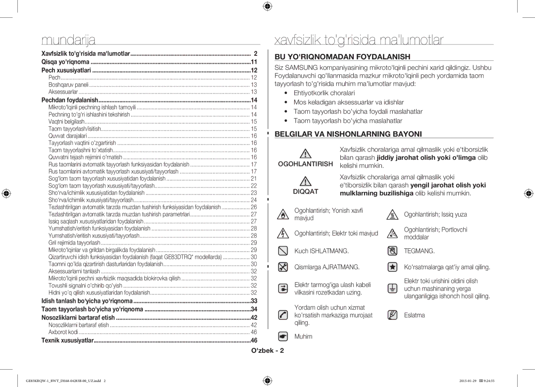 Samsung GE83MRTQS/BW, GE83MRQ/BW, GE83DTRQW-1/BW Mundarija Xavfsizlik togrisida malumotlar, BU Yoriqnomadan Foydalanish 