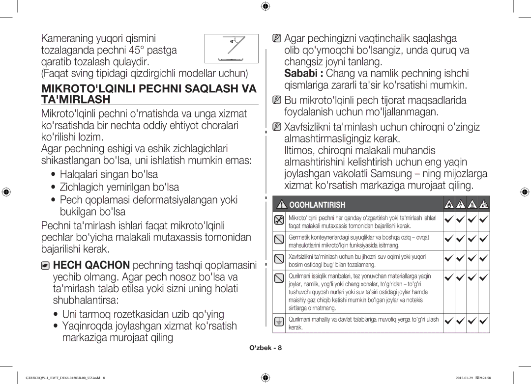 Samsung GE83MRTQS/BW, GE83MRQ/BW, GE83DTRQW-1/BW manual Qaratib tozalash qulaydir, Mikrotolqinli Pechni Saqlash VA Tamirlash 