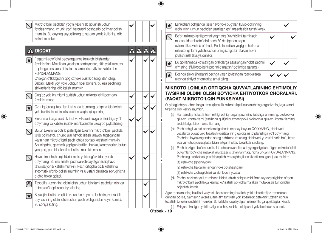 Samsung GE83DTRQW-1/BW, GE83MRQ/BW, GE83MRTQS/BW manual Diqqat, Foydalanmang 