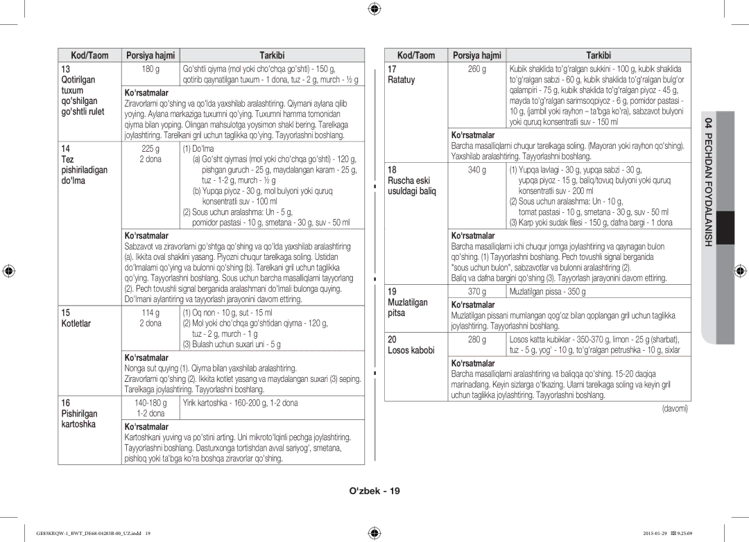 Samsung GE83DTRQW-1/BW manual Tuxum, Qoshilgan, Goshtli rulet, g Dolma Tez Dona, Pishiriladigan, Dolma Tuz 1-2 g, murch ½ g 