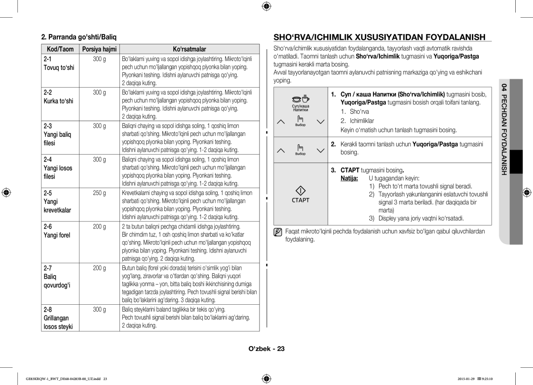 Samsung GE83MRTQS/BW, GE83MRQ/BW, GE83DTRQW-1/BW manual SHO‘RVA/ICHIMLIK Xususiyatidan Foydalanish, Parranda goshti/Baliq 