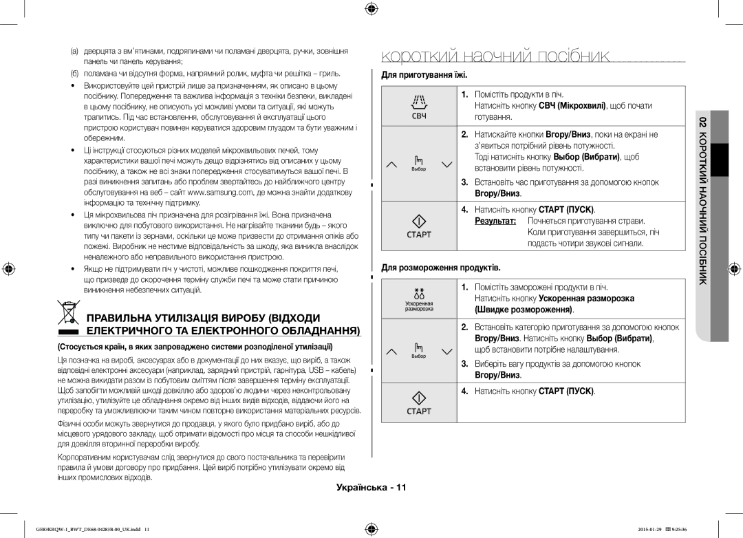 Samsung GE83MRTQS/BW, GE83MRQ/BW, GE83DTRQW-1/BW manual Короткий наочний посібник, Правильна Утилізація Виробу Відходи 