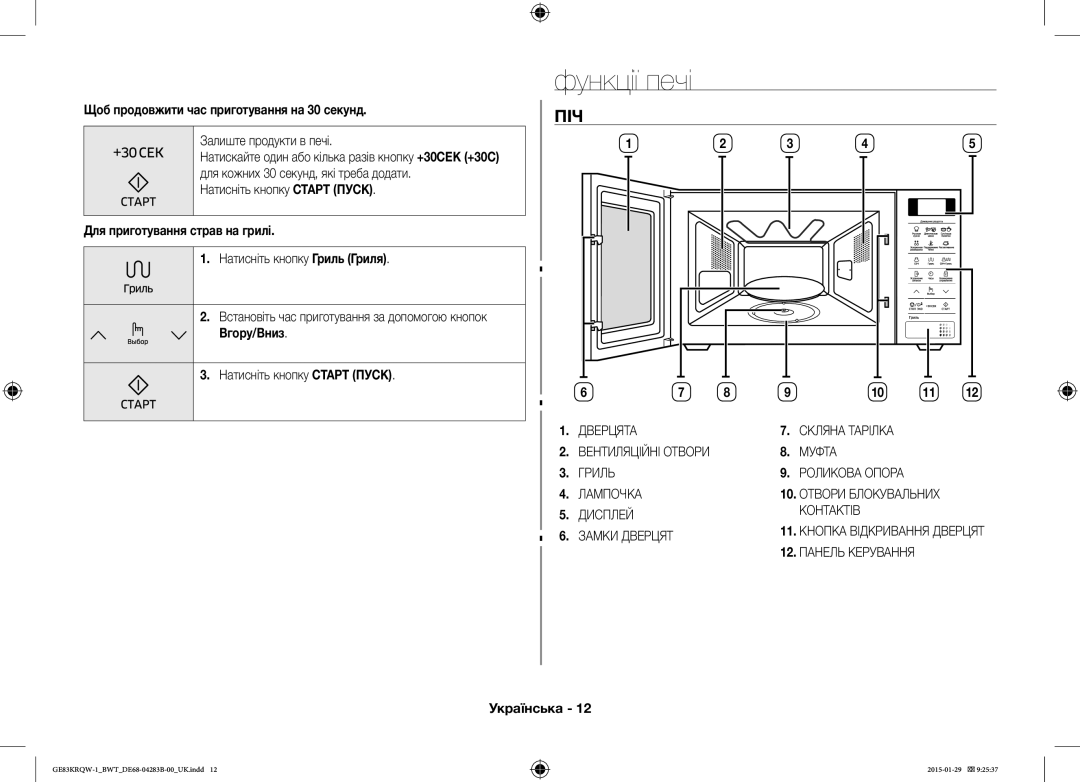 Samsung GE83MRQ/BW, GE83DTRQW-1/BW, GE83MRTQS/BW manual Піч, Дверцята Скляна Тарілка, Лампочка, Дисплей Контактів 