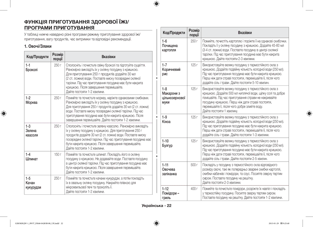 Samsung GE83DTRQW-1/BW, GE83MRQ/BW, GE83MRTQS/BW manual Функція Приготування Здорової ЇЖІ/ Програми Приготування, Овочі/Злаки 