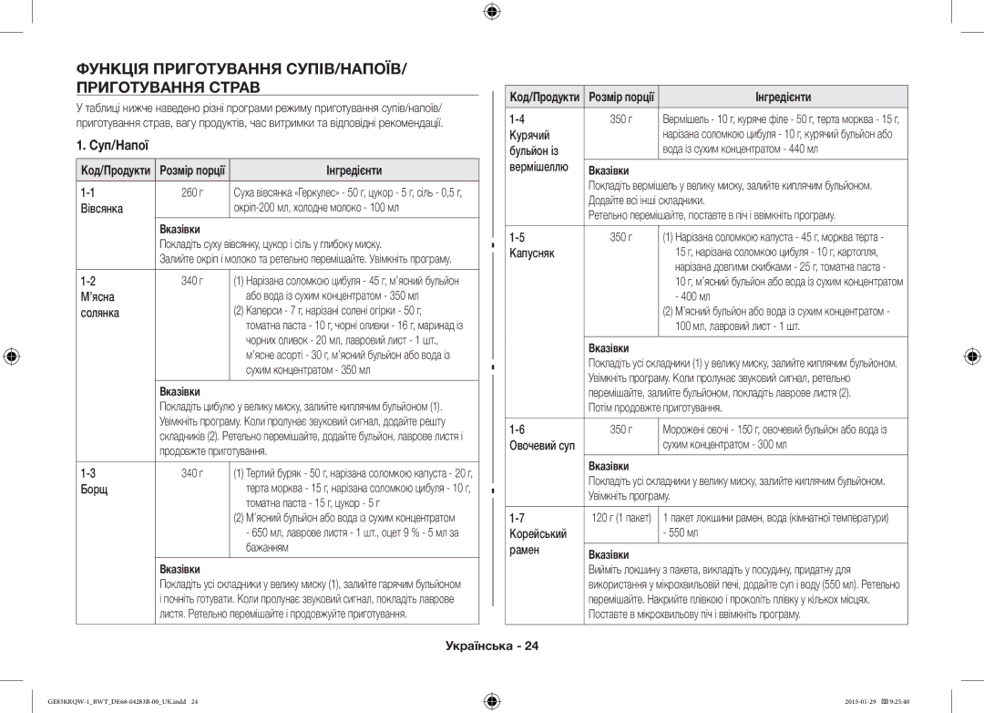 Samsung GE83MRQ/BW, GE83DTRQW-1/BW, GE83MRTQS/BW manual Функція Приготування СУПІВ/НАПОЇВ Приготування Страв, Суп/Напої 