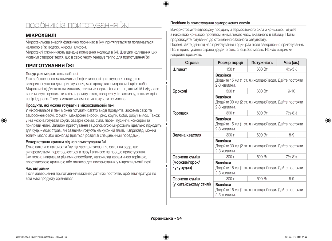 Samsung GE83DTRQW-1/BW Посібник із приготування їжі, Мікрохвилі, Приготування ЇЖІ, Страва Розмір порції Потужність Час хв 