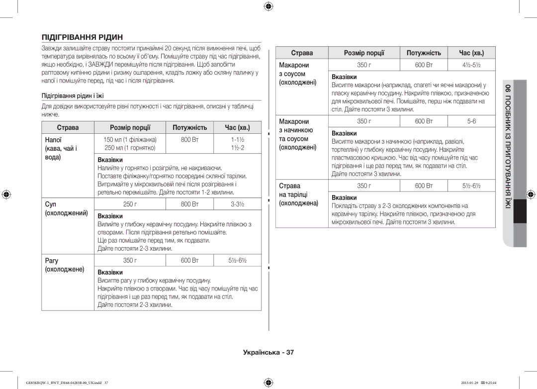 Samsung GE83DTRQW-1/BW, GE83MRQ/BW, GE83MRTQS/BW manual Підігрівання Рідин 