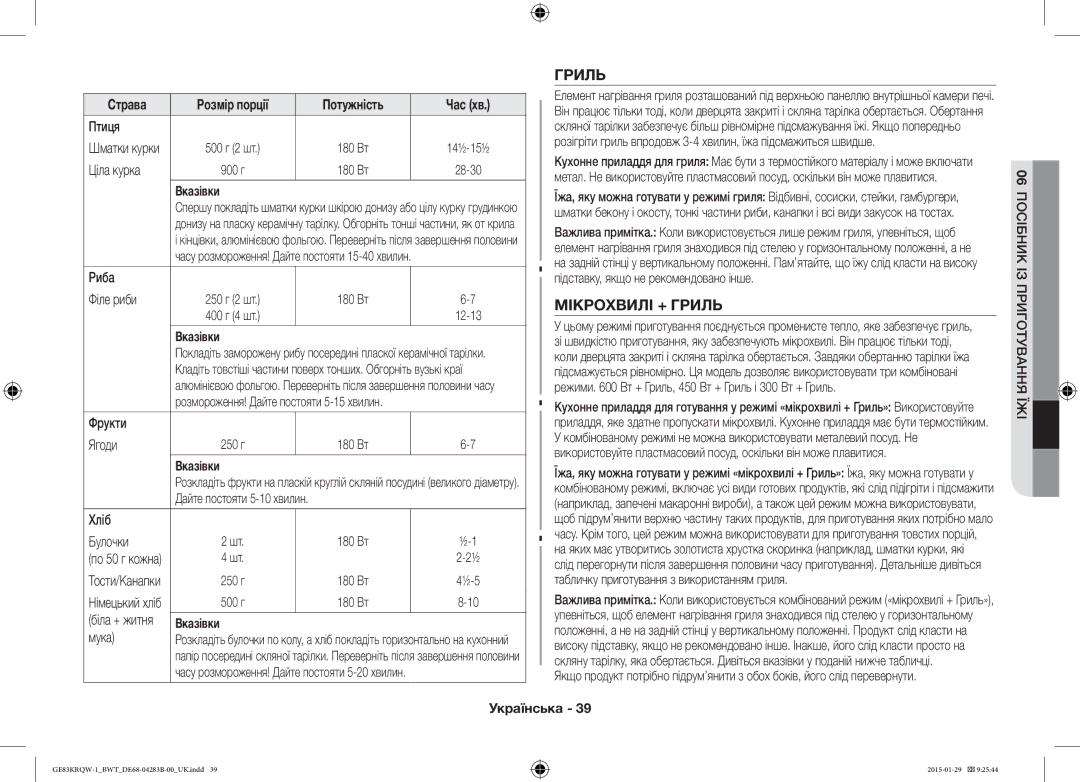 Samsung GE83MRQ/BW, GE83DTRQW-1/BW, GE83MRTQS/BW manual Мікрохвилі + Гриль 