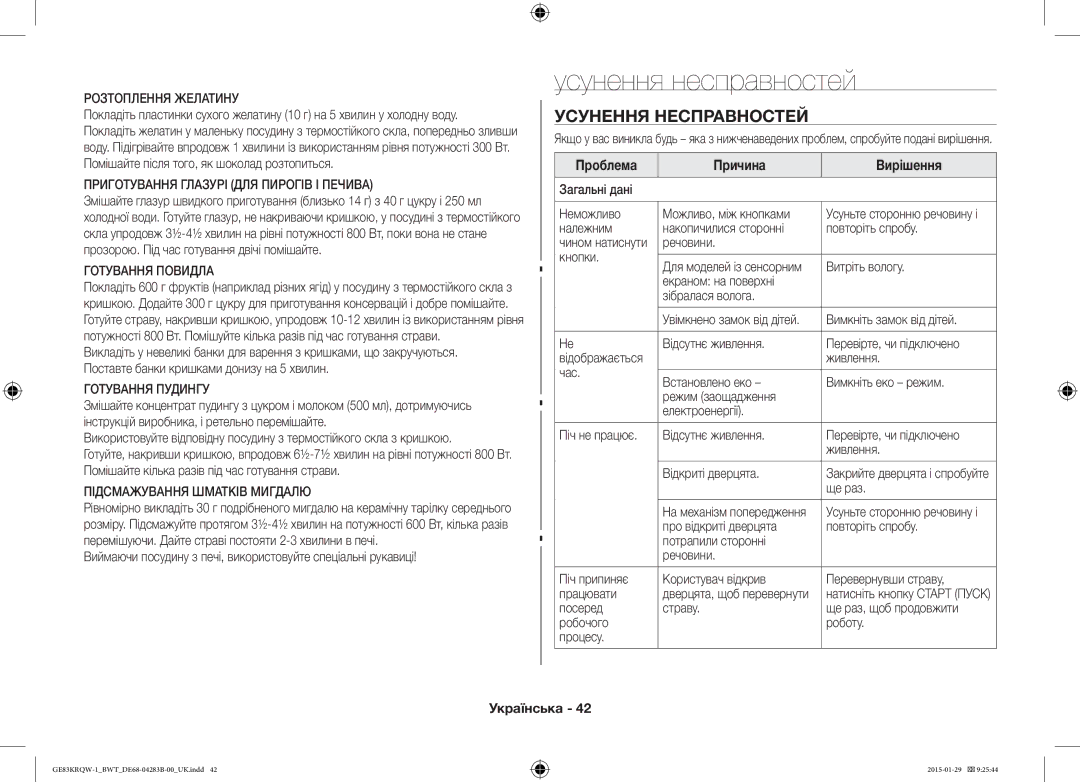 Samsung GE83MRQ/BW, GE83DTRQW-1/BW, GE83MRTQS/BW Усунення несправностей, Усунення Несправностей, Проблема Причина Вирішення 