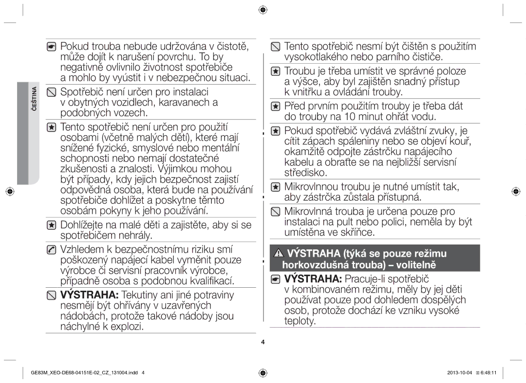 Samsung GE83M/XEO manual Výstraha týká se pouze režimu horkovzdušná trouba volitelně 